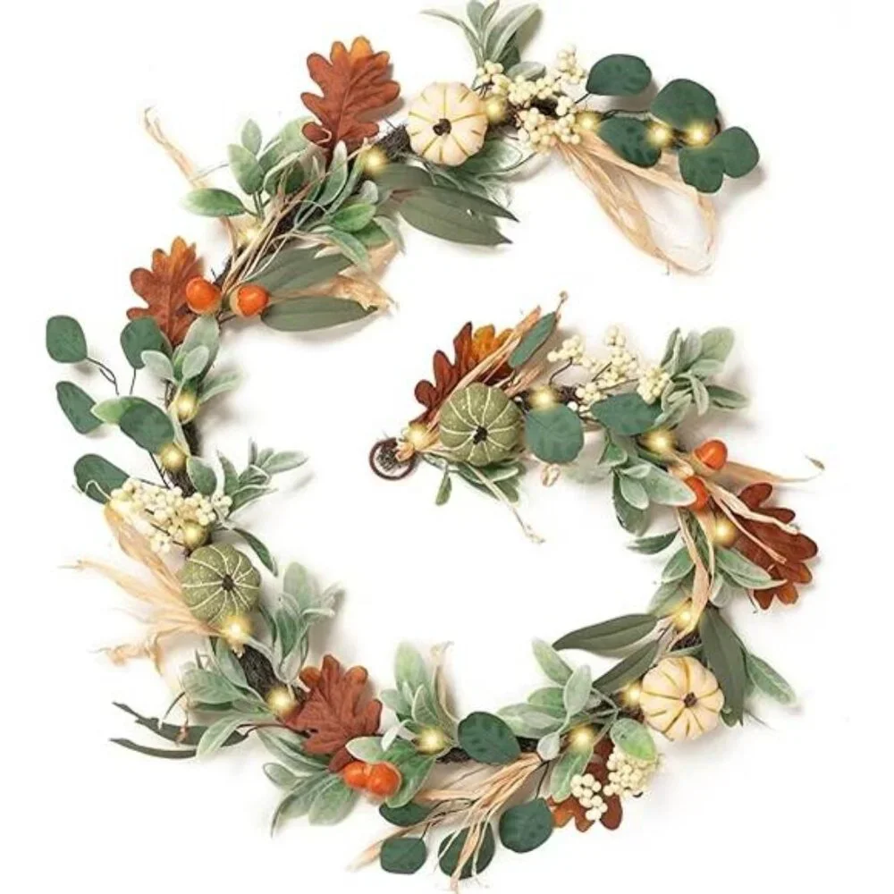 6ft Fall Garland with‎ Pumpkins & Lights for Mantel, Autumn Thanksgiving Decor